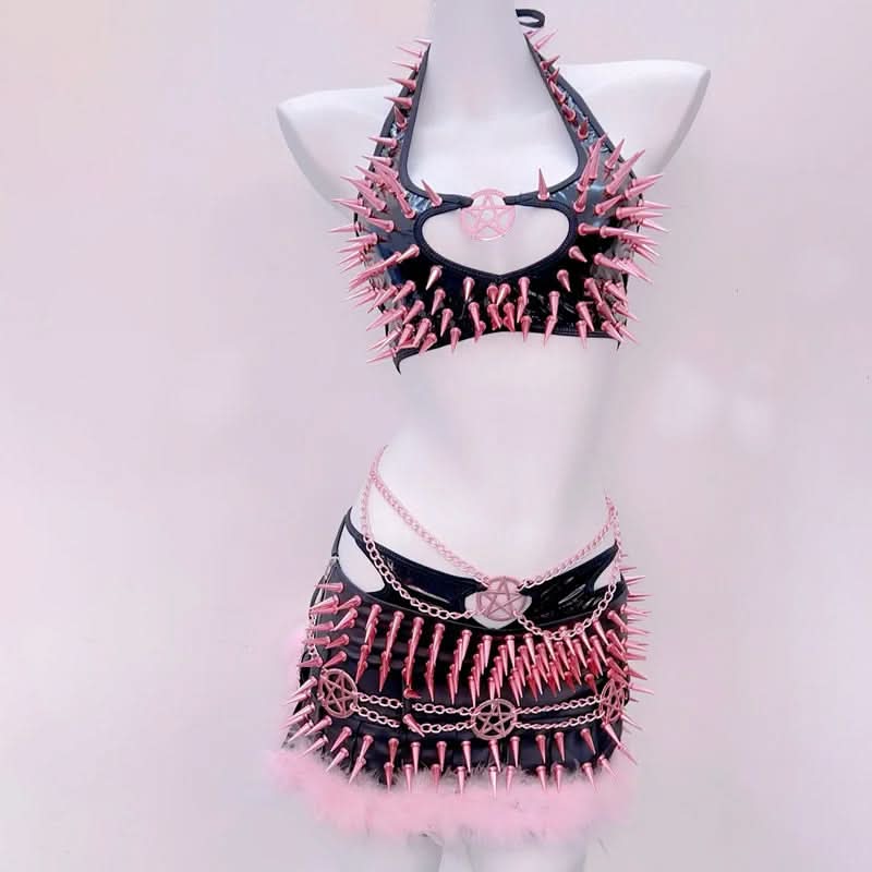 Halter rivet hollow out metal chain mini skirt set  | Festival Outfits Women