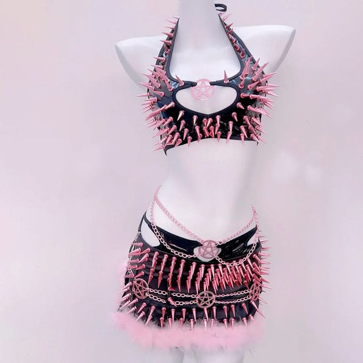 Halter rivet hollow out metal chain mini skirt set  | Festival Outfits Women