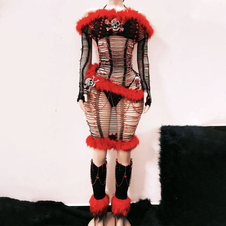 Fluffy skull applique long sleeve hollow out cut out mini dress  | Festival Outfits Women