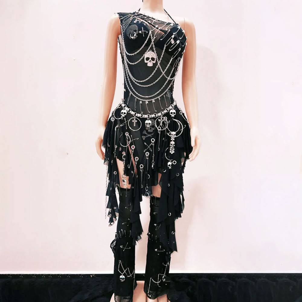 Metal chain ruffle irregular skull applique mini dress  | Festival Outfits Women