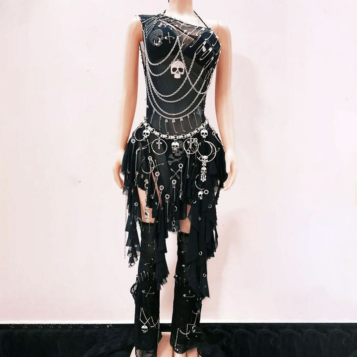 Metal chain ruffle irregular skull applique mini dress  | Festival Outfits Women