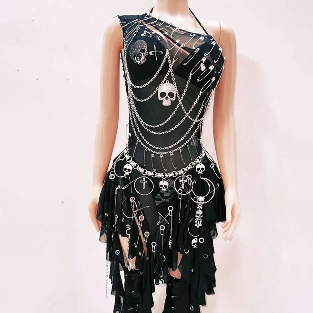 Metal chain ruffle irregular skull applique mini dress  | Festival Outfits Women