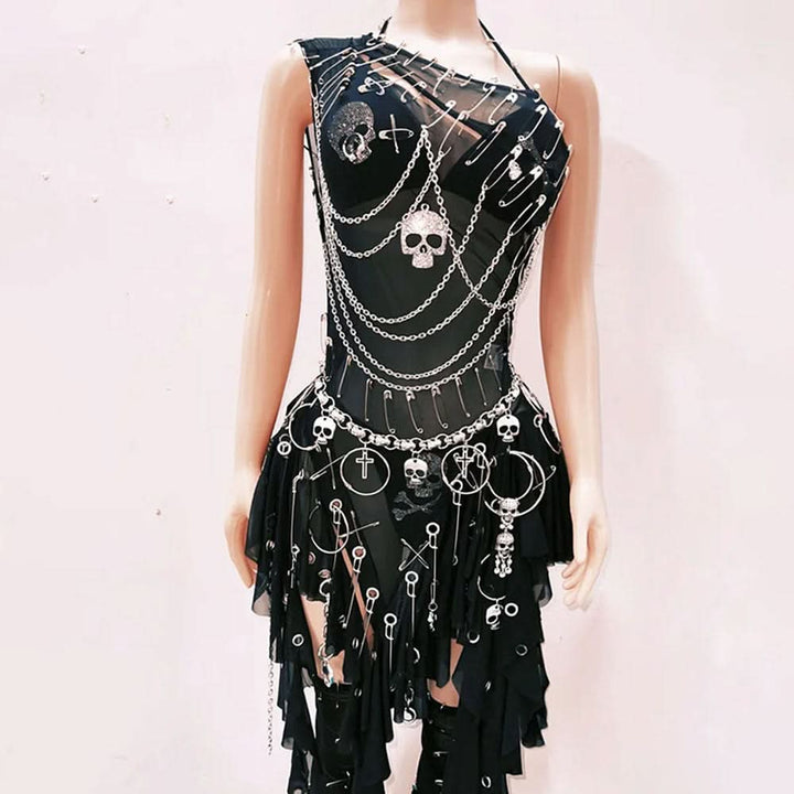 Metal chain ruffle irregular skull applique mini dress  | Festival Outfits Women