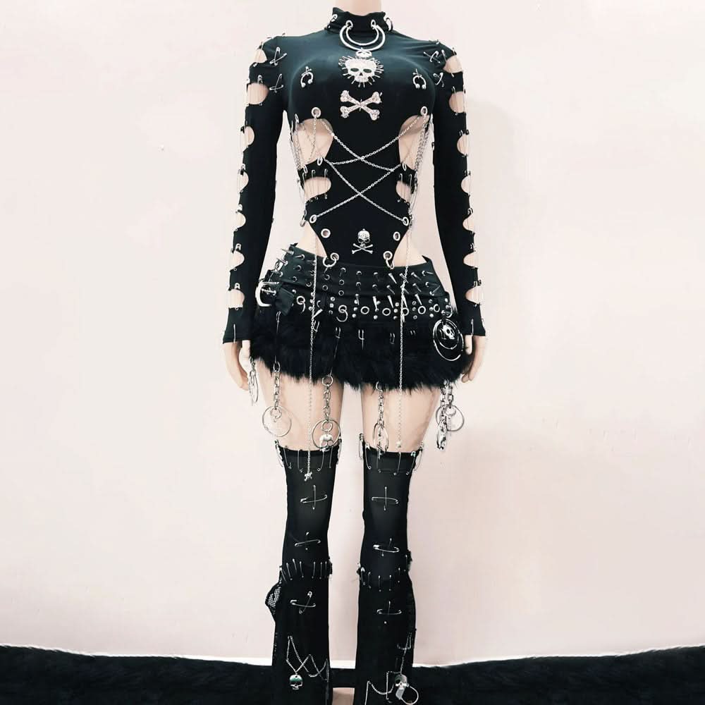 Long sleeve hollow out metal chain skull applique cut out top  | Festival Outfits Women
