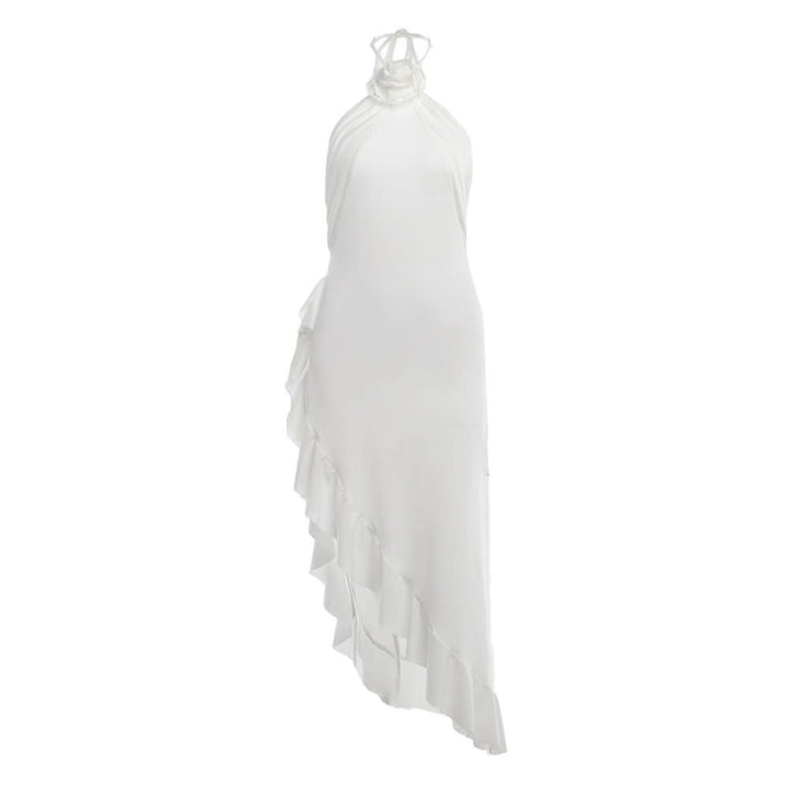 Ruffle irregular flower applique halter slit midi dress  | Festival Outfits Women