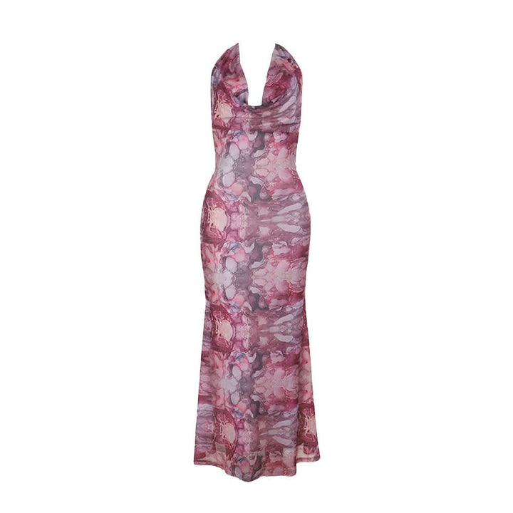 Cowl neck halter self tie print mesh maxi dress  | Festival Outfits Women