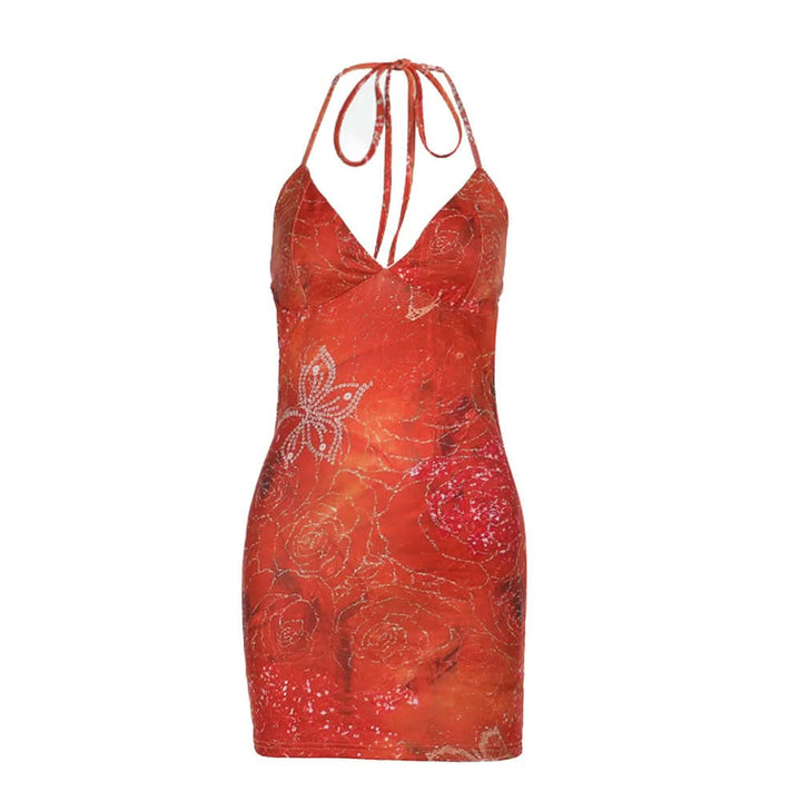 Self tie halter v neck print backless mini dress  | Festival Outfits Women