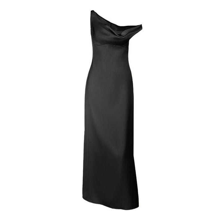 One shoulder irregular satin zip-up maxi dress  | Festival Outfits Women