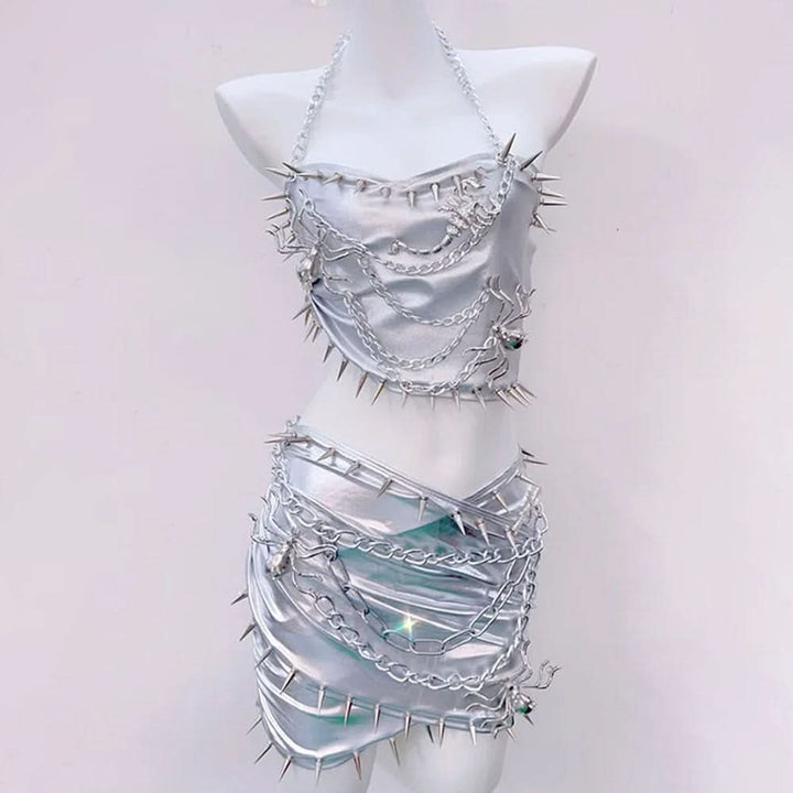 Metal chain halter rivet applique metallic mini skirt set  | Festival Outfits Women