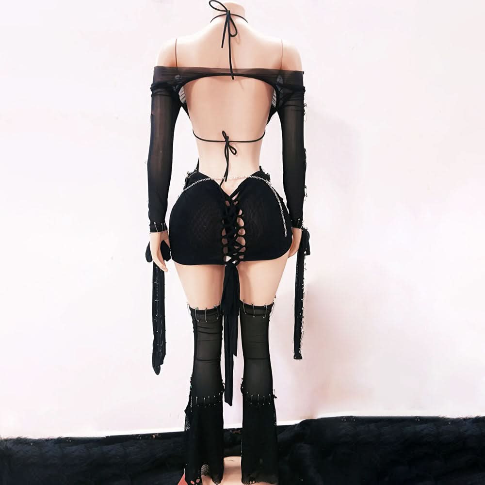 Long sleeve off shoulder backless o ring mini dress  | Festival Outfits Women