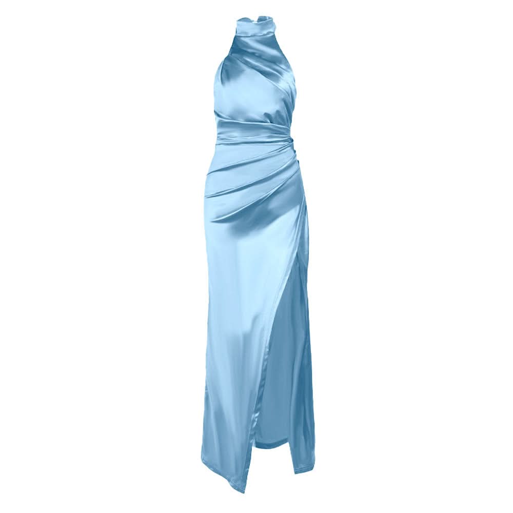 Halter ruched slit irregular zip-up maxi dress  | Festival Outfits Women