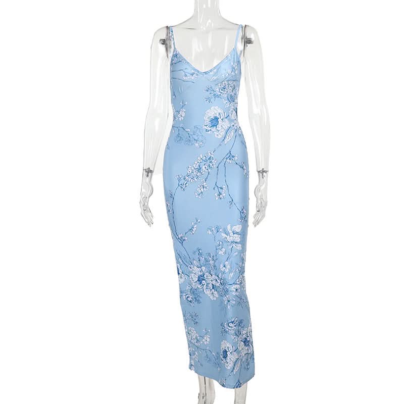 V neck flower print backless cami maxi dress  | Festival Outfits Women