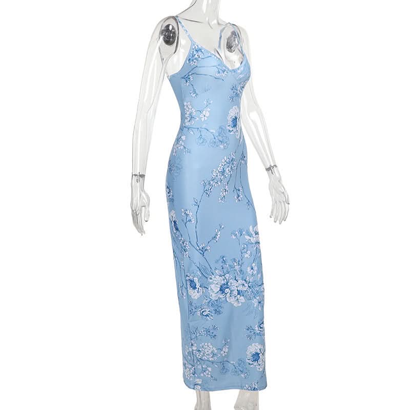 V neck flower print backless cami maxi dress  | Festival Outfits Women