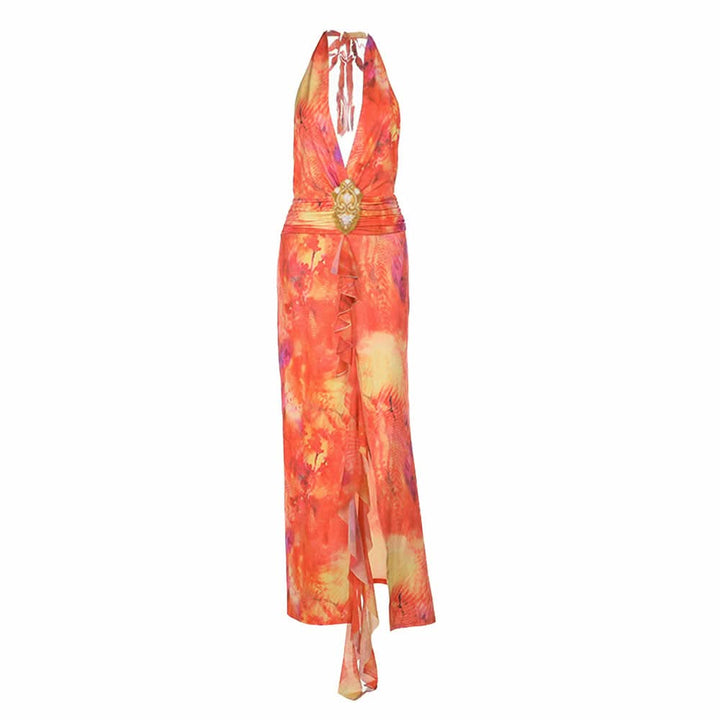 Slit halter self tie v neck print maxi dress  | Festival Outfits Women-final-sale
