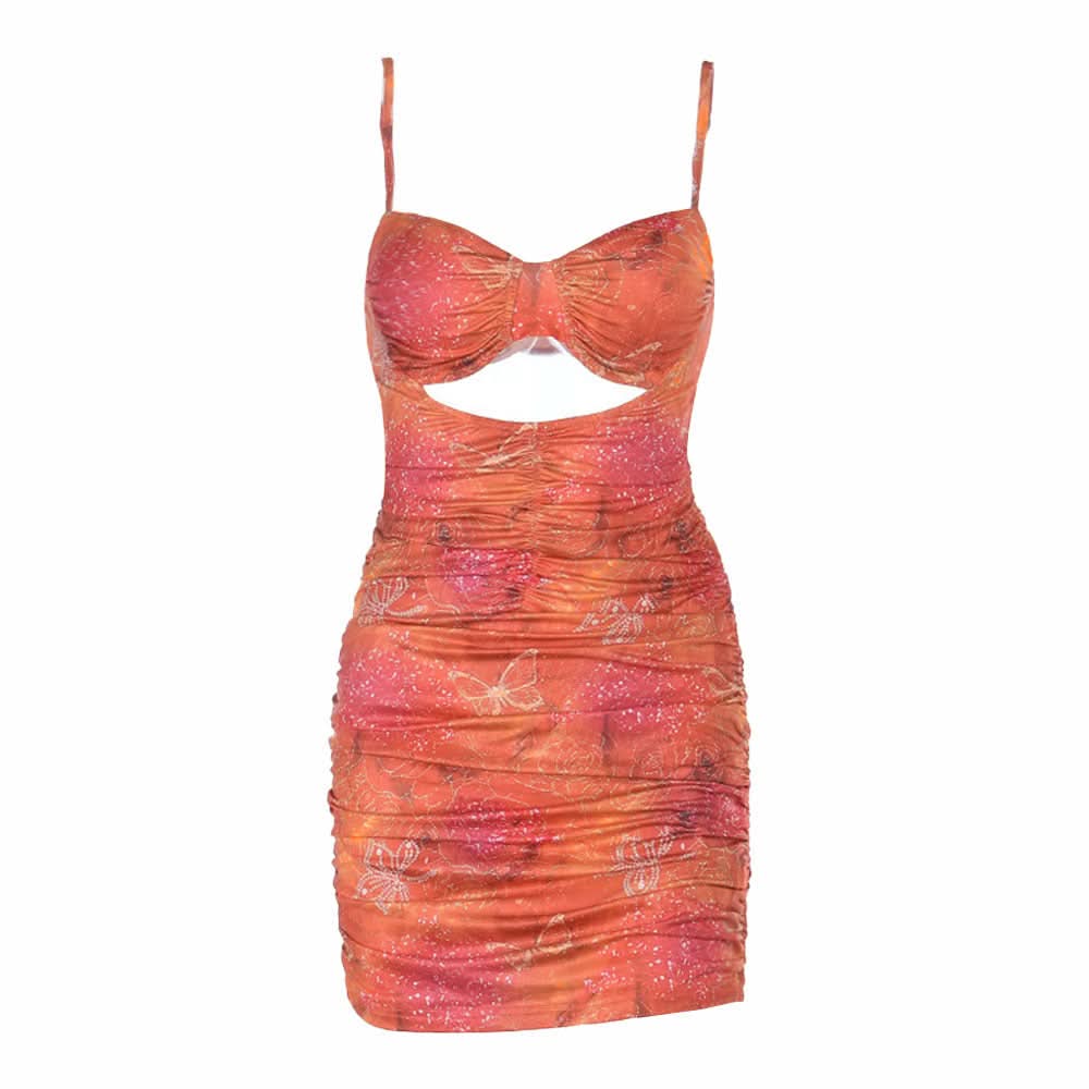 Ruched hollow out v neck print cami cut out mini dress  | Festival Outfits Women