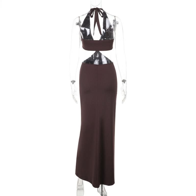 Halter self tie v neck brown maxi dress  | Festival Outfits Women
