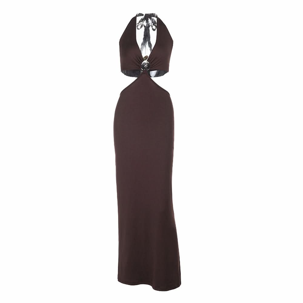 Halter self tie v neck brown maxi dress  | Festival Outfits Women