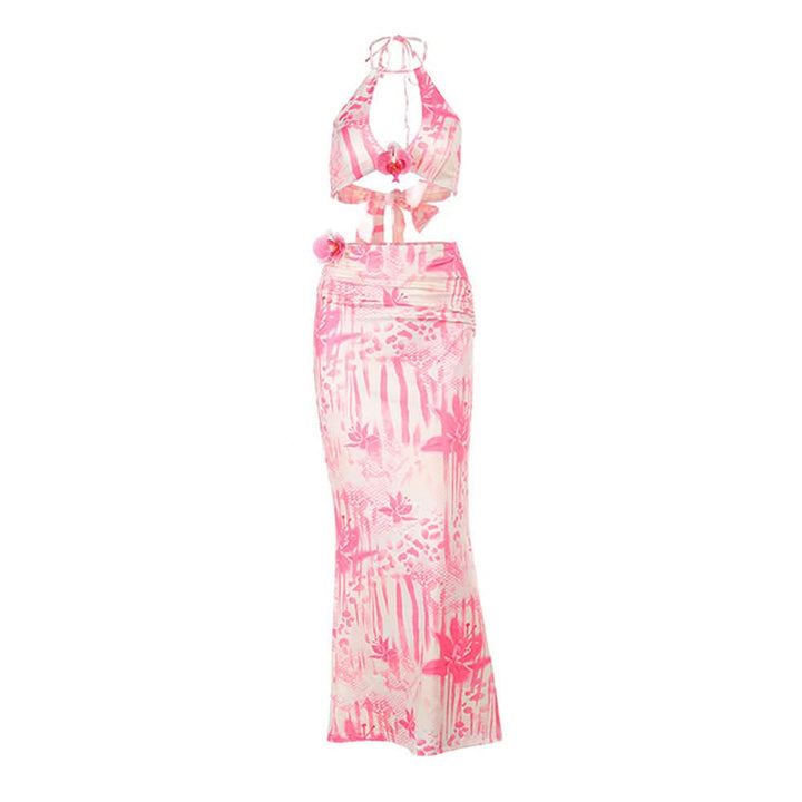 Ruched flower applique print halter maxi skirt set  | Festival Outfits Women-final-sale