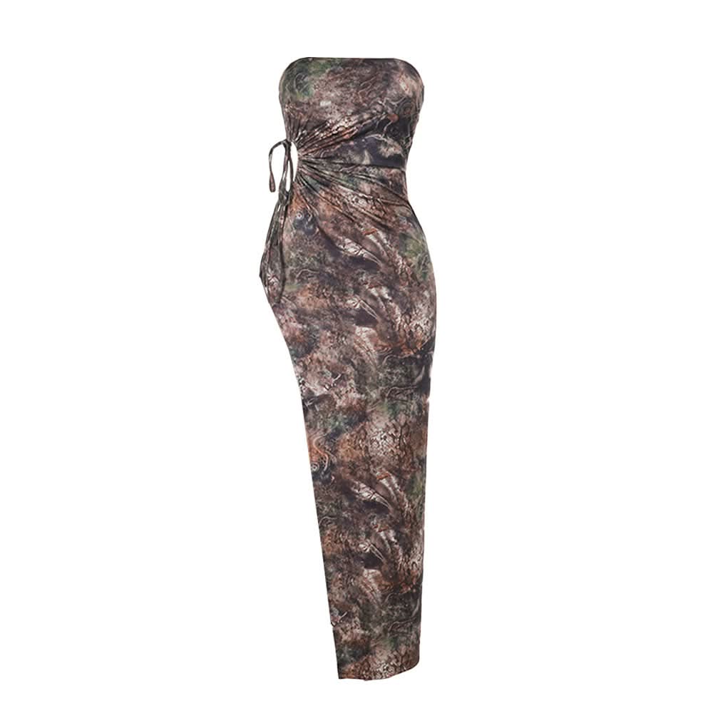 Slit hollow out ruched print tube cut out maxi dress-final-sale