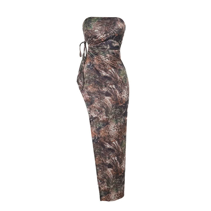 Slit hollow out ruched print tube cut out maxi dress-final-sale