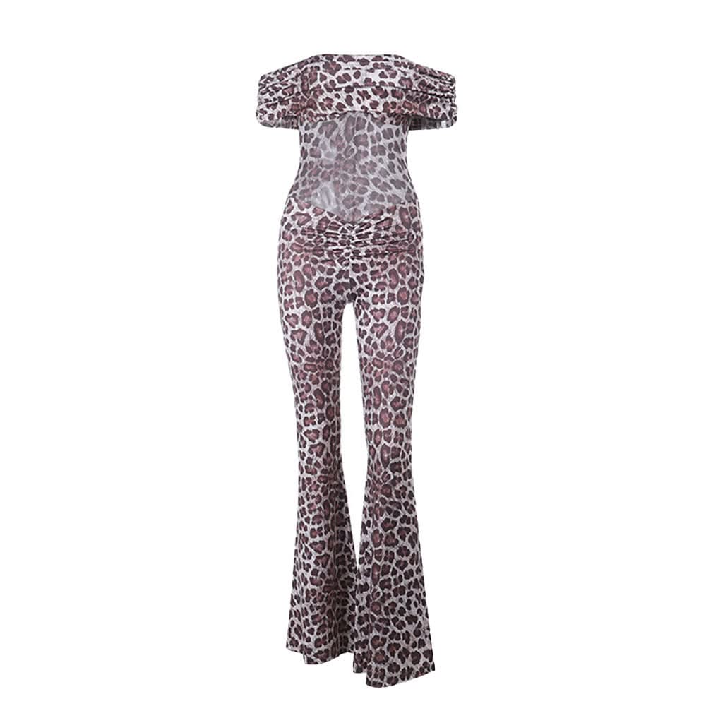 Leopard print off shoulder ruched jumpsuit  | Festival Outfits Women