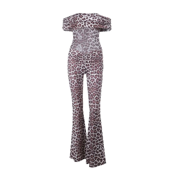 Leopard print off shoulder ruched jumpsuit  | Festival Outfits Women