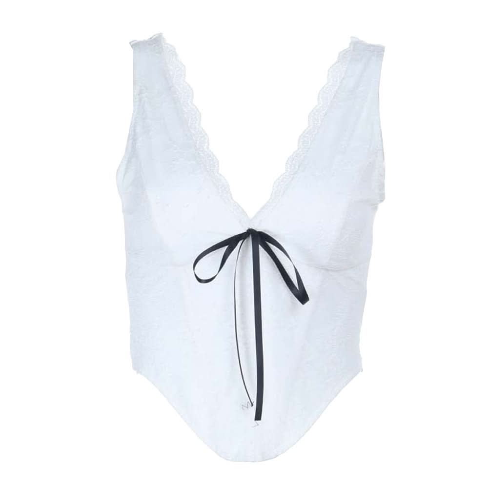 Lace hem v neck corset ribbon tank top  | Festival Outfits Women