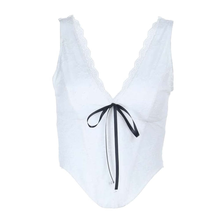 Lace hem v neck corset ribbon tank top  | Festival Outfits Women