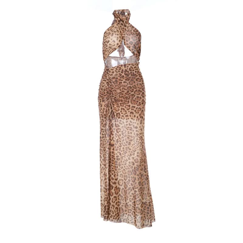Leopard print slit cross front hollow out cut out maxi dress-final-sale