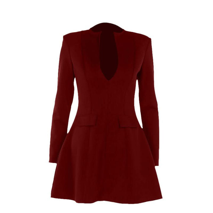 Long sleeve v neck zip-up solid mini dress  | Festival Outfits Women