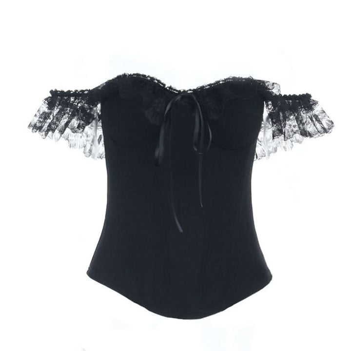 Lace hem off shoulder ribbon zip-up tube top  | Festival Outfits Women
