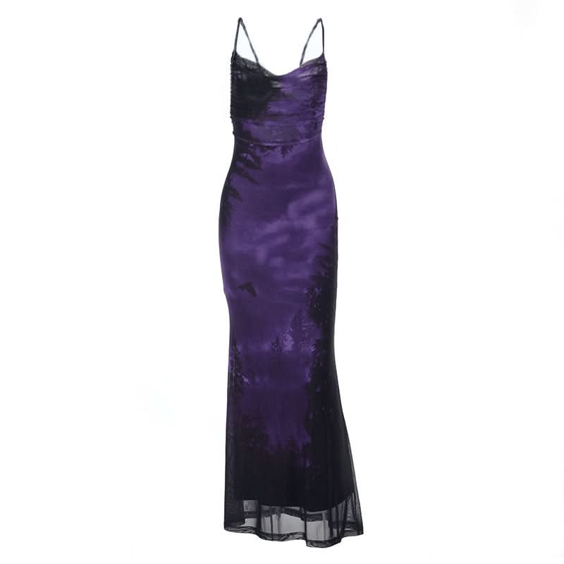 Cross back print ruched cowl neck cami maxi dress  | Festival Outfits Women-final-sale