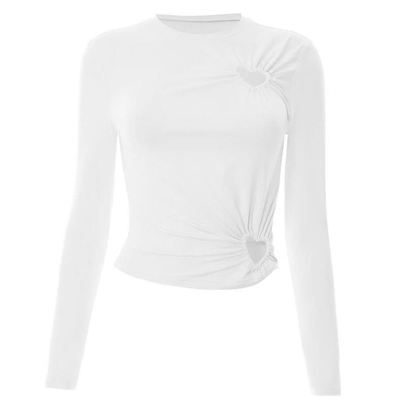 Long sleeve hollow out crewneck ruched cut out top  | Festival Outfits Women