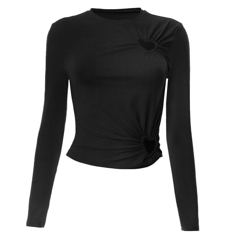 Long sleeve hollow out crewneck ruched cut out top  | Festival Outfits Women