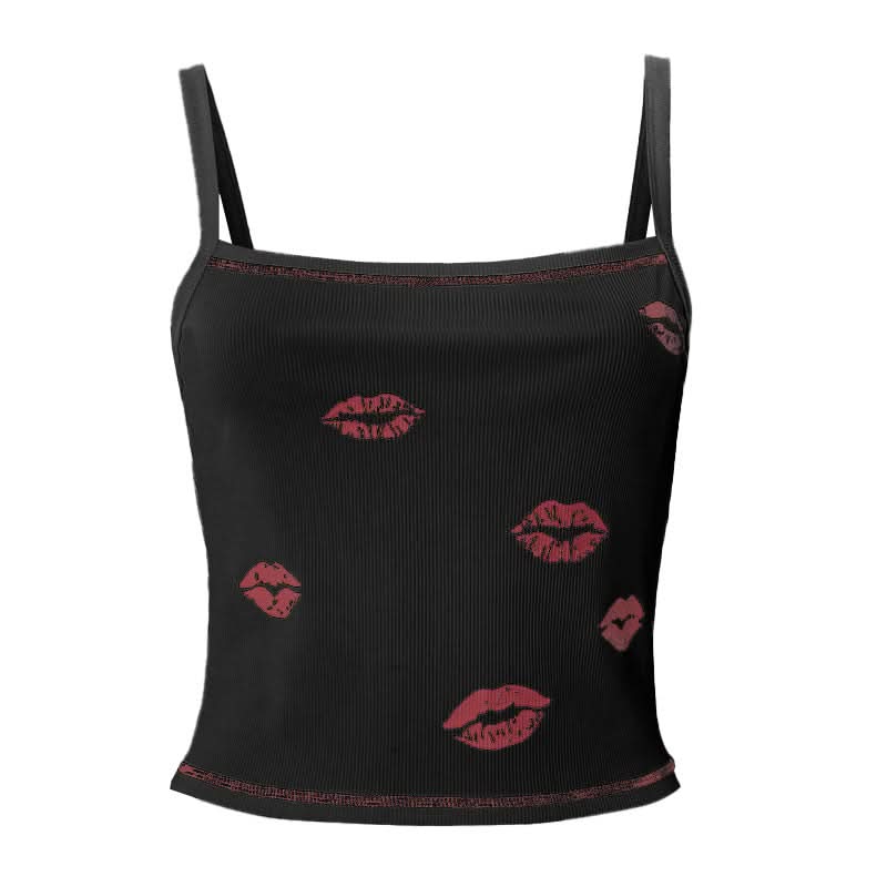 Ribbed lips print square neck stitch cami top  | Festival Outfits Women
