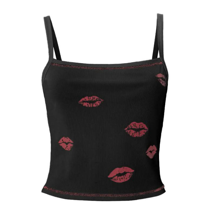 Ribbed lips print square neck stitch cami top  | Festival Outfits Women