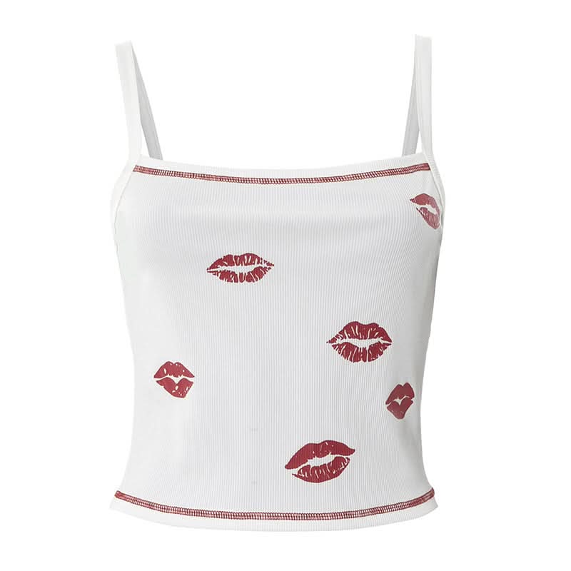Ribbed lips print square neck stitch cami top  | Festival Outfits Women