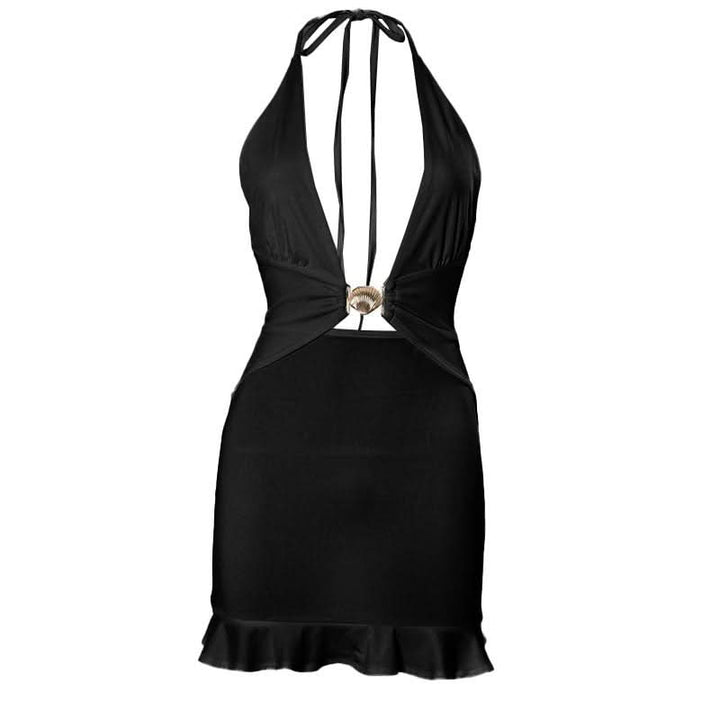 Ruffle halter self tie deep v neck mini dress  | Festival Outfits Women