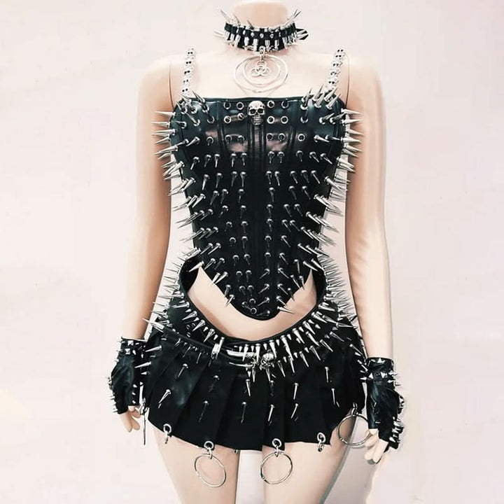 Rivet PU leather skull applique lace up cami top  | Festival Outfits Women