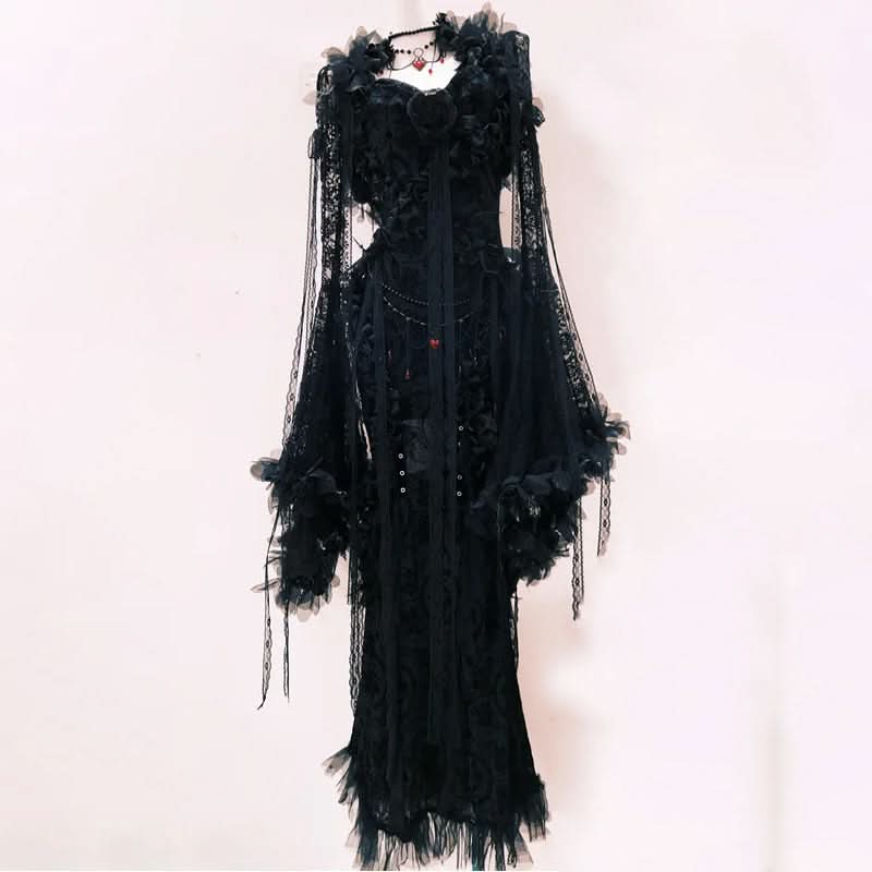 Long sleeve flower applique lace hem shrug maxi dress  | Festival Outfits Women
