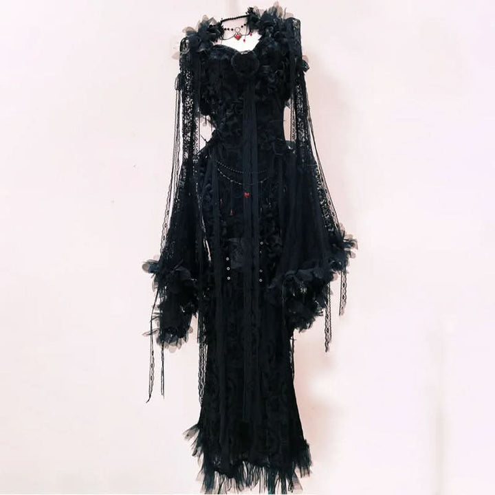 Long sleeve flower applique lace hem shrug maxi dress  | Festival Outfits Women