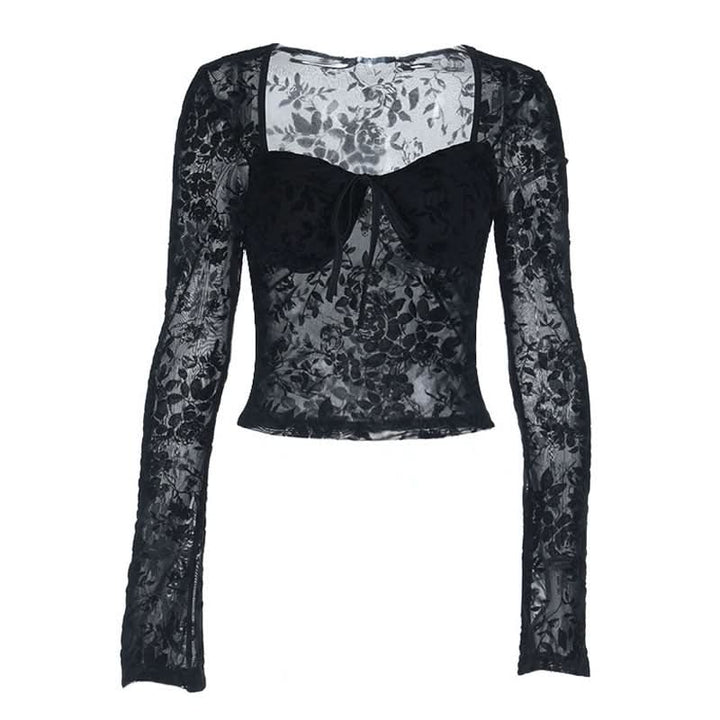 Long sleeve v neck print black top  | Festival Outfits Women-final-sale