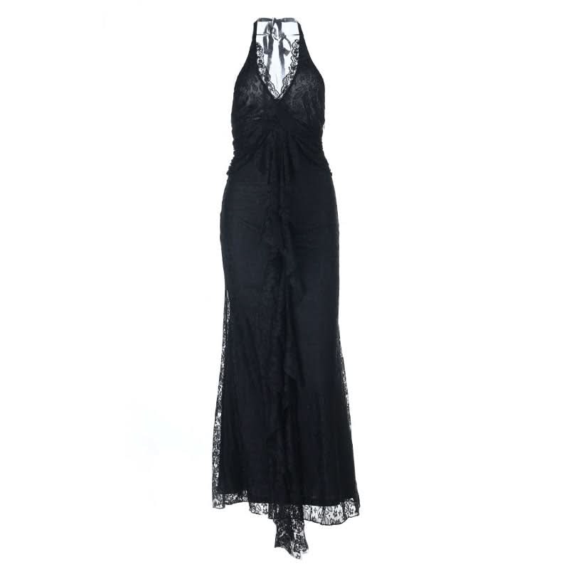 Halter self tie lace hem v neck maxi dress  | Festival Outfits Women-final-sale