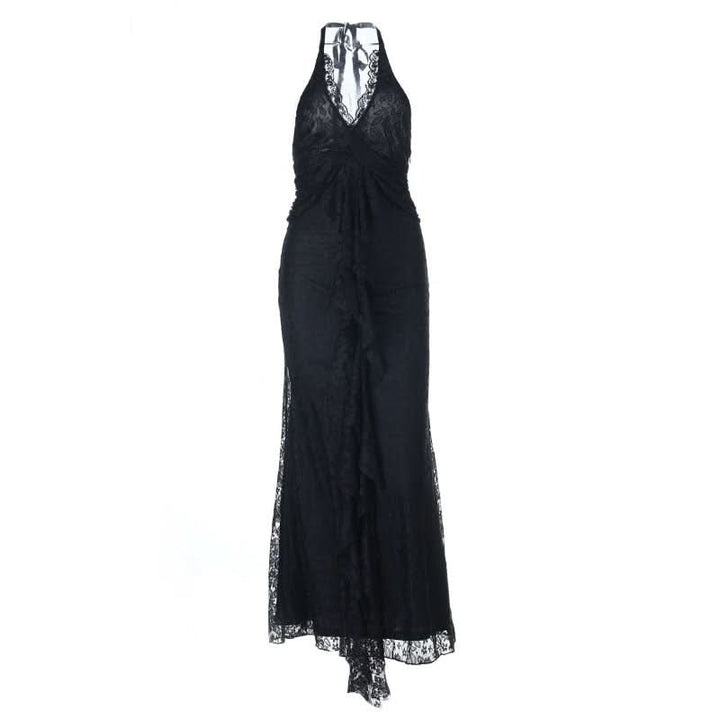 Halter self tie lace hem v neck maxi dress  | Festival Outfits Women-final-sale