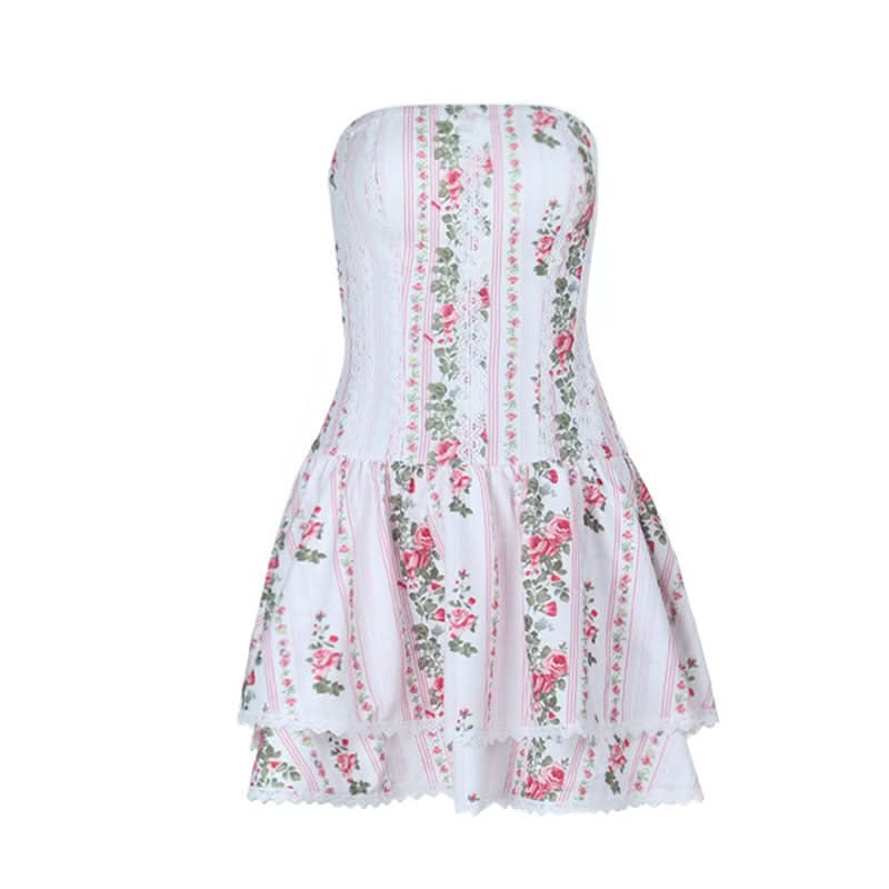 Lace hem flower print zip-up tube mini dress  | Festival Outfits Women