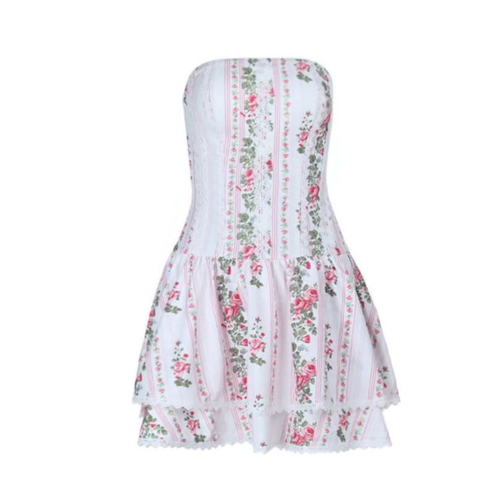 Lace hem flower print zip-up tube mini dress  | Festival Outfits Women
