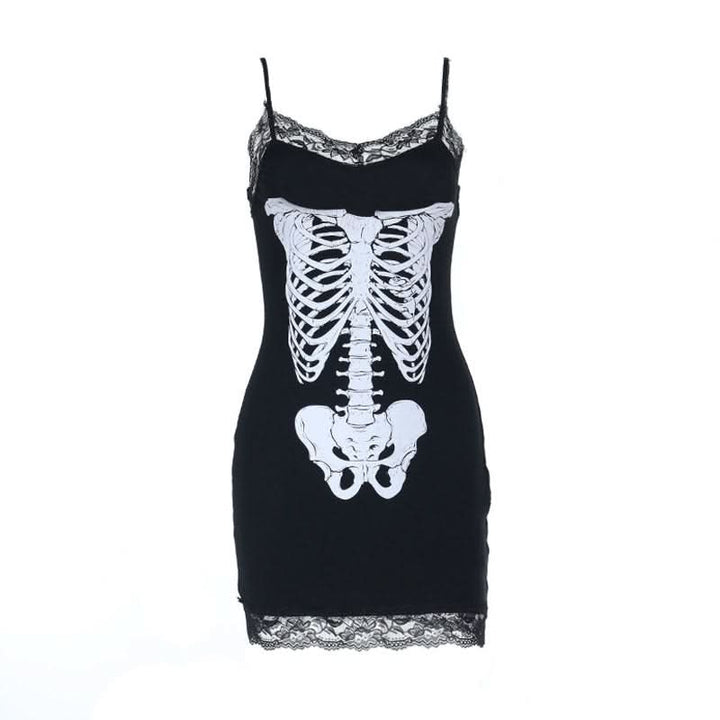 Lace hem v neck skeleton print cami mini dress  | Festival Outfits Women