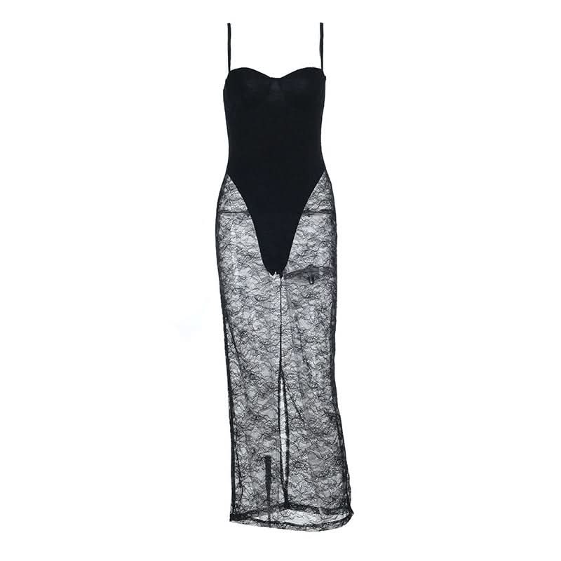 Slit v neck lace backless cami midi dress  | Festival Outfits Women-final-sale