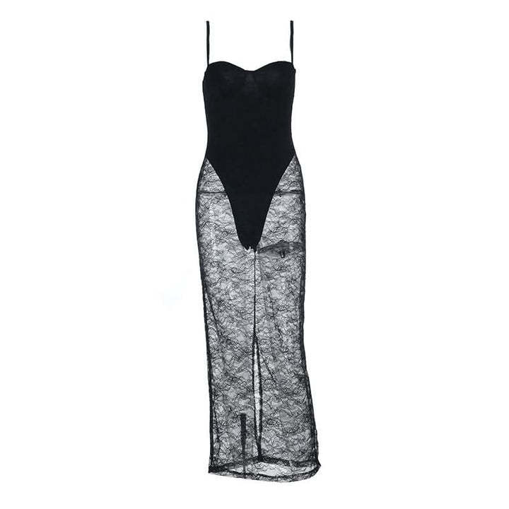 Slit v neck lace backless cami midi dress  | Festival Outfits Women-final-sale