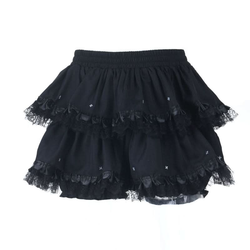 Ruched lace hem A line black mini skirt  | Festival Outfits Women